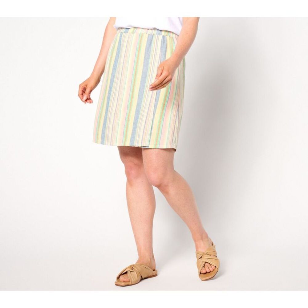 Denim & Co. Women's Petite Skirt PL Naturals Striped Linen Blend Blue A643734